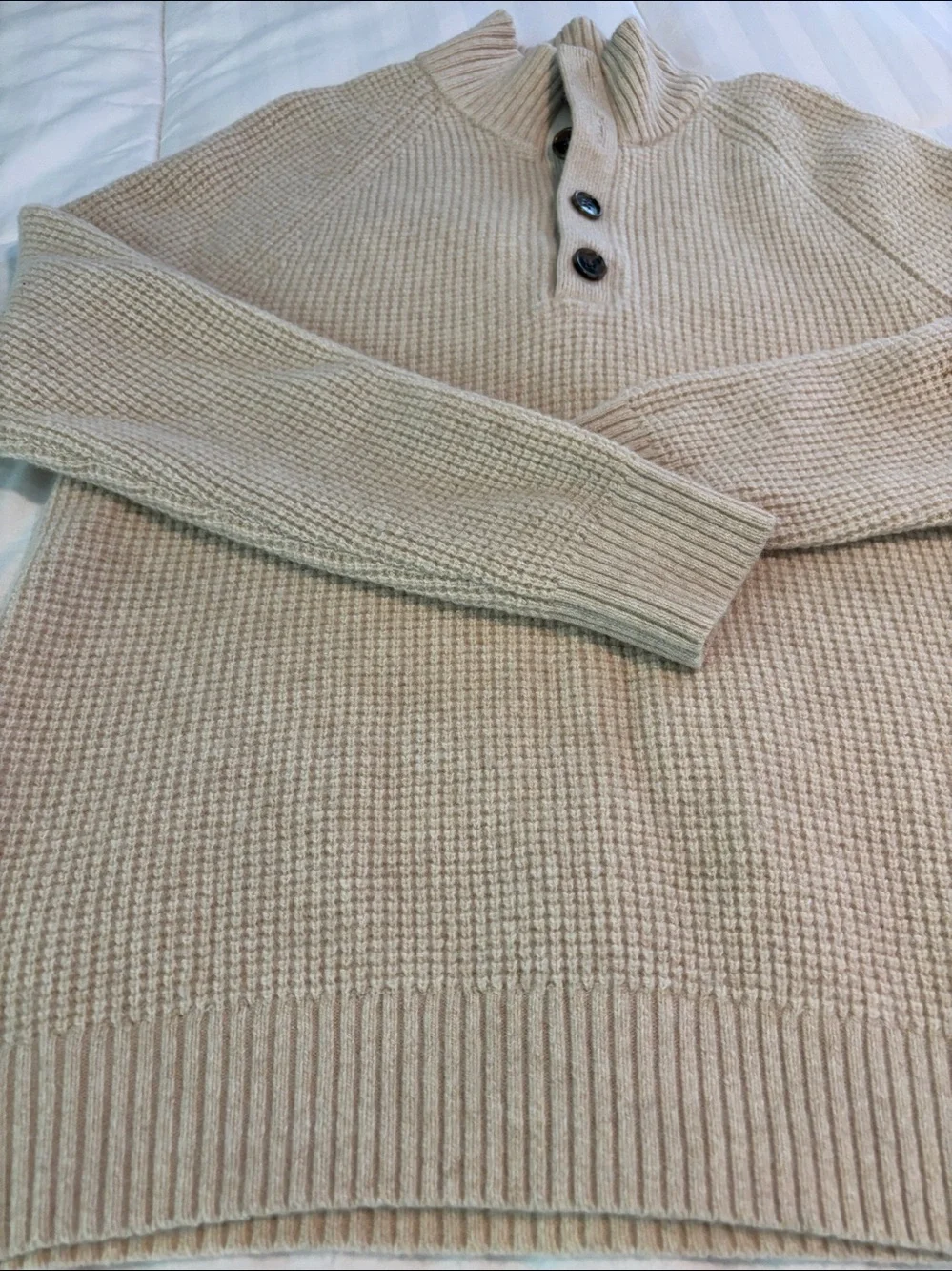Banana Republic Marino Wool Men's Cream Waffle-Knit Button Mock Neck Sweater